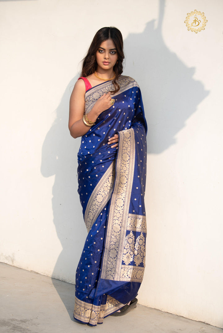 Deep Royal Blue Pure Banarasi Handloom Katan Silk Saree - Aura Benaras