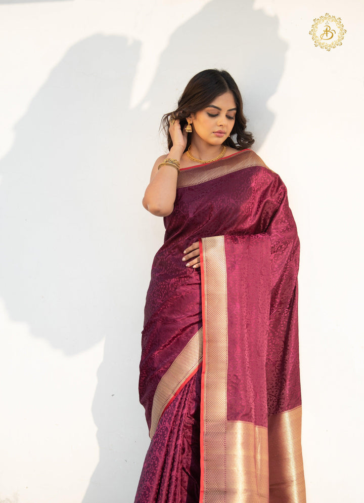 Wine Pure Banarasi Handloom Katan Silk Saree - Aura Benaras