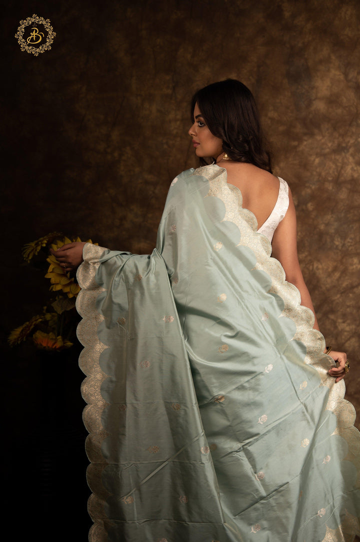 Grey Banarasi Handloom Katan Silk Saree - Aura Benaras