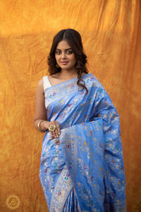 Ultramine Blue Kadwa Jaal Pure Banarasi Handloom Katan Silk Saree - Aura Benaras