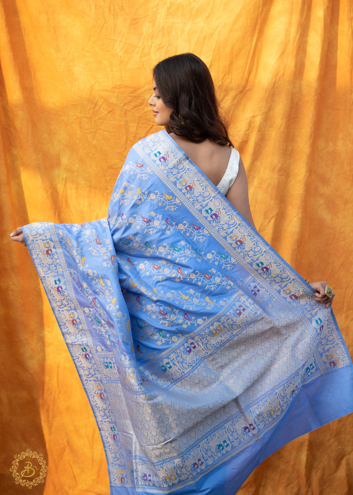 Ultramine Blue Kadwa Jaal Pure Banarasi Handloom Katan Silk Saree - Aura Benaras
