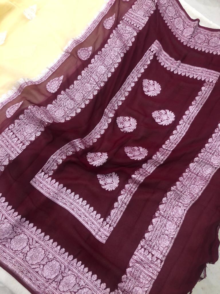 Cream Khaddi Chiffon Banarasi Handloom Saree - Aura Benaras