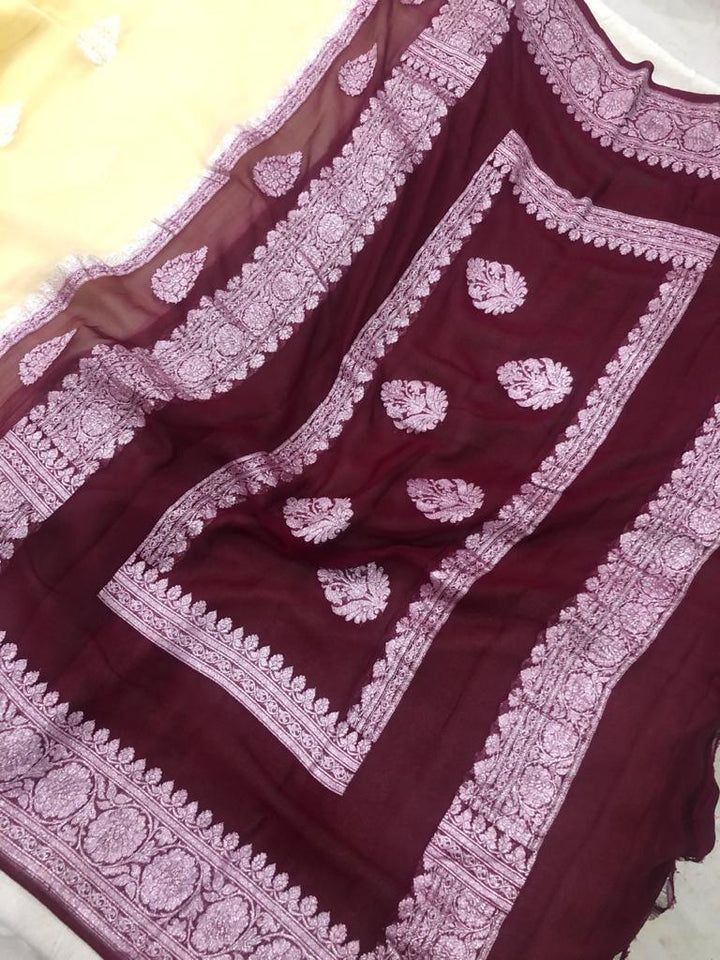 Cream Khaddi Chiffon Banarasi Handloom Saree - Aura Benaras