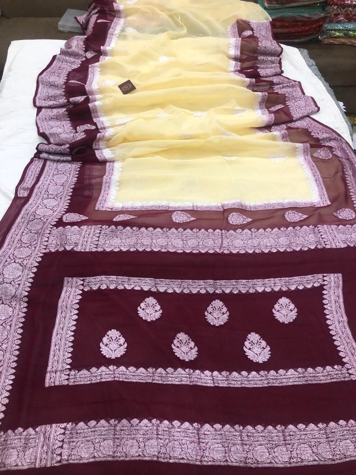 Cream Khaddi Chiffon Banarasi Handloom Saree - Aura Benaras