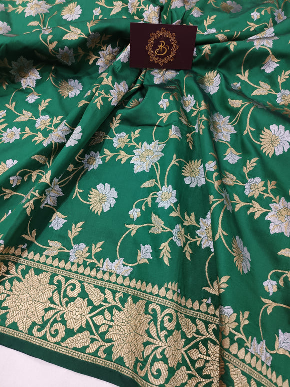 Bottle Green Banarasi Handloom Soft Silk Saree - Aura Benaras