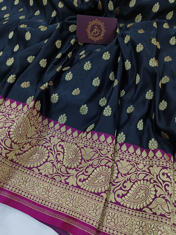 Black-Rani Banarasi Handloom Satin Silk Saree - Aura Benaras