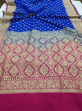 Blue-Red Banarasi Handloom Satin Silk Saree - Aura Benaras