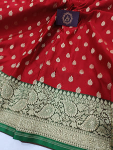 Red-Green Banarasi Handloom Satin Silk Saree - Aura Benaras