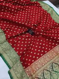 Red-Green Banarasi Handloom Satin Silk Saree - Aura Benaras