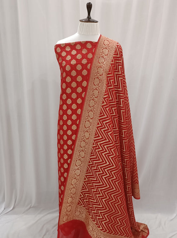 Red Banarasi Khaddi Georgette Suit - Aura Benaras