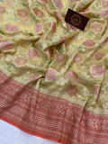 Pastel Yellow Banarasi Handloom Pure Georgette Saree - Aura Benaras