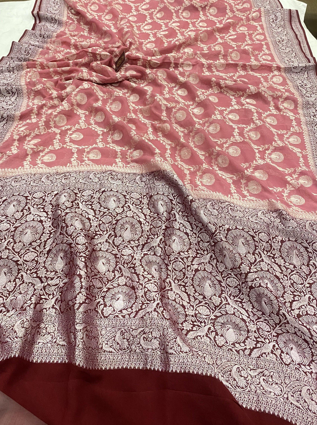 Onion Pink Banarasi Khaddi Georgette Saree - Aura Benaras