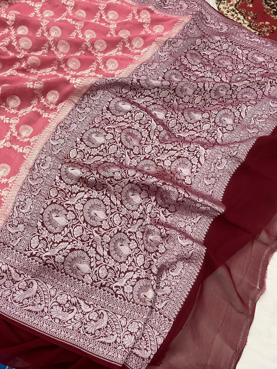 Onion Pink Banarasi Khaddi Georgette Saree - Aura Benaras