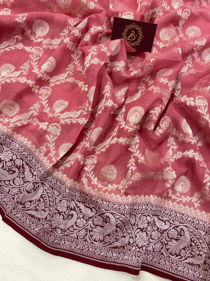 Onion Pink Banarasi Khaddi Georgette Saree - Aura Benaras