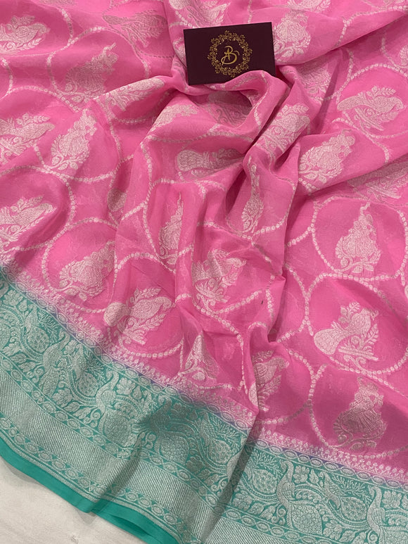Baby Pink Khaddi Georgette Banarasi Handloom Saree - Aura Benaras