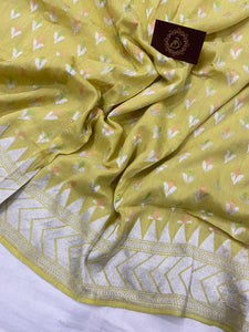 Lemon Yellow Banarasi Handloom Pure Moonga Georgette Saree - Aura Benaras