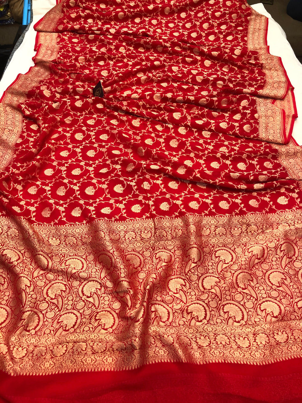 Red Banarasi Handloom Pure Khaddi Georgette Silk Saree - Aura Benaras