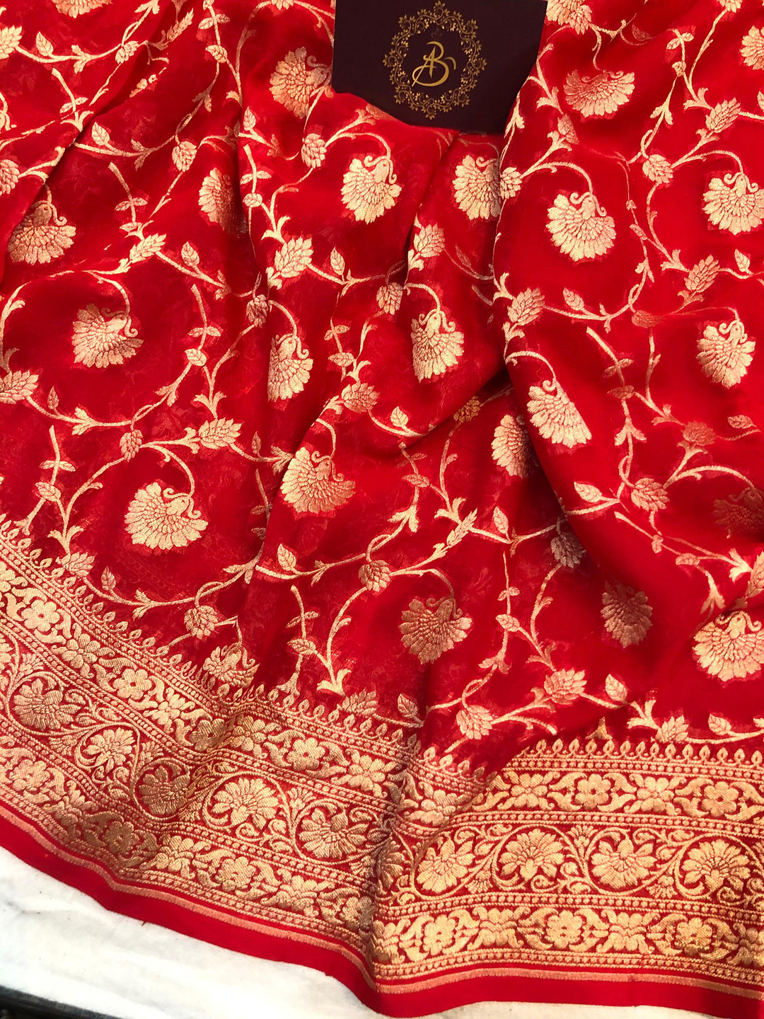Red Banarasi Handloom Pure Khaddi Georgette Silk Saree - Aura Benaras