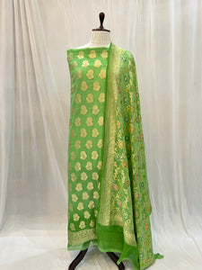 Pista Green Banarasi Khaddi Georgette Suit - Aura Benaras