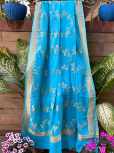 Firozi Blue Pure Banarasi Handloom Georgette Dupatta - Aura Benaras