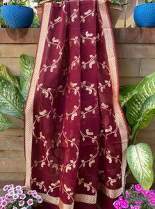 Maroon Pure Banarasi Handloom Georgette Dupatta - Aura Benaras