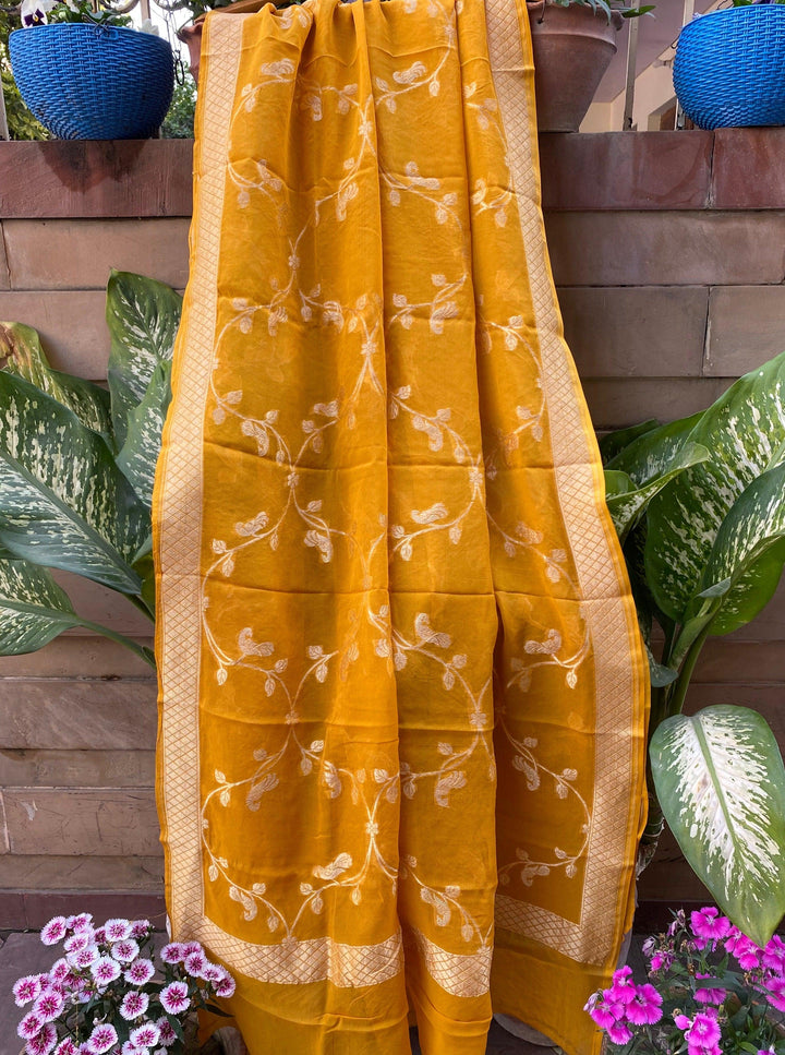 Yellow Pure Banarasi Handloom Georgette Dupatta - Aura Benaras