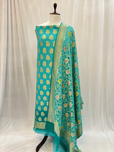 Turquoise Banarasi Khaddi Georgette Suit - Aura Benaras
