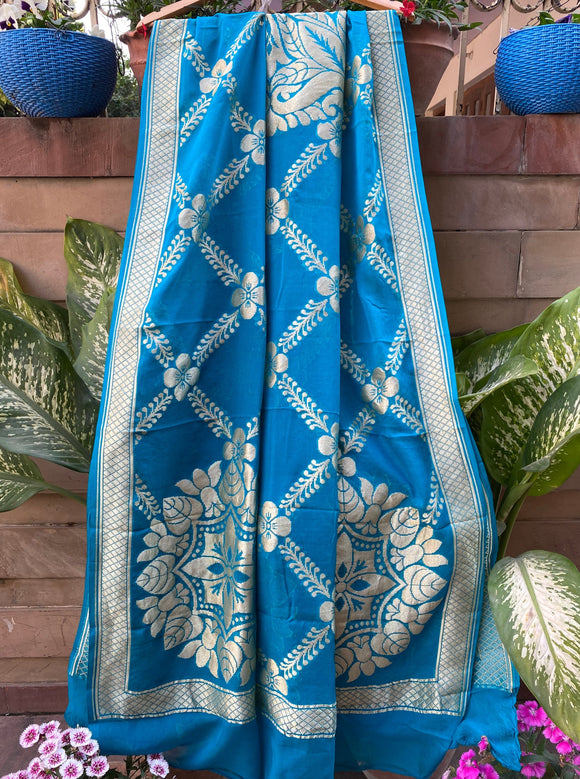 Teal Blue Pure Banarasi Handloom Georgette Dupatta - Aura Benaras