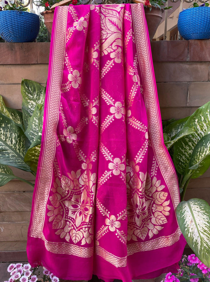 Rani Pink Pure Banarasi Handloom Georgette Dupatta - Aura Benaras