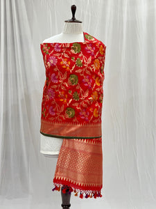 Red Pure Banarasi Handloom Katan Silk Dupatta - Aura Benaras