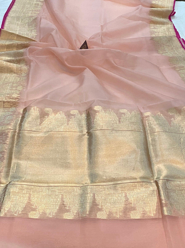 Baby Pink Pure Banarasi Handloom Kora Silk Saree - Aura Benaras