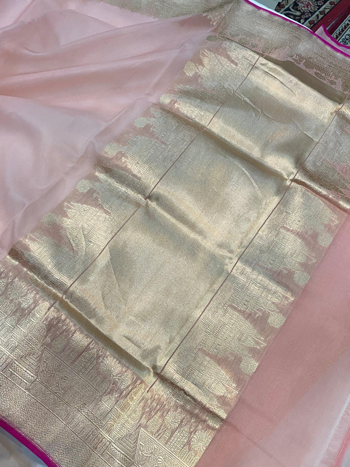 Baby Pink Pure Banarasi Handloom Kora Silk Saree - Aura Benaras