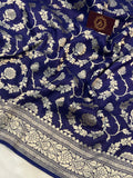 Navy Blue Banarasi Pure Tussar Georgette Silk Saree - Aura Benaras