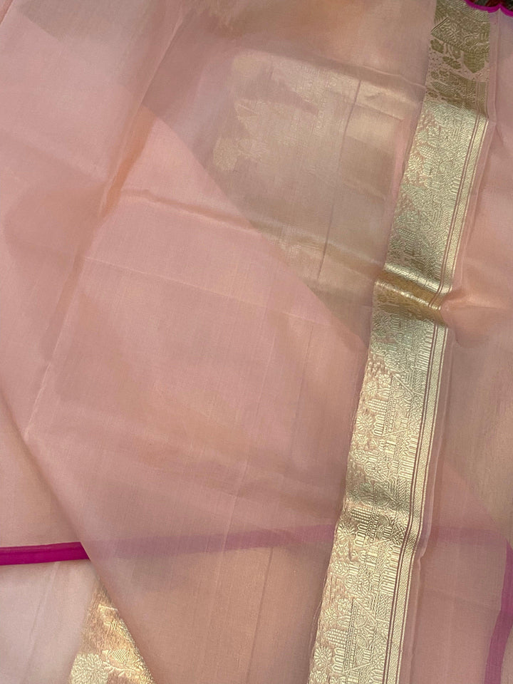 Baby Pink Pure Banarasi Handloom Kora Silk Saree - Aura Benaras