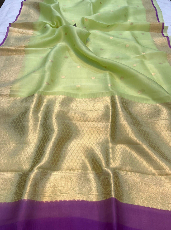 Pista Green Banarasi Handloom Kora Silk Saree - Aura Benaras