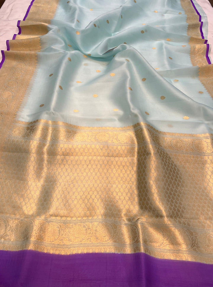 Pale Blue Banarasi Handloom Kora Silk Saree - Aura Benaras