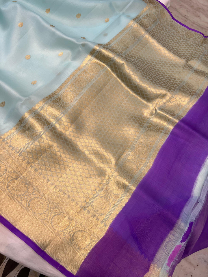 Pale Blue Banarasi Handloom Kora Silk Saree - Aura Benaras