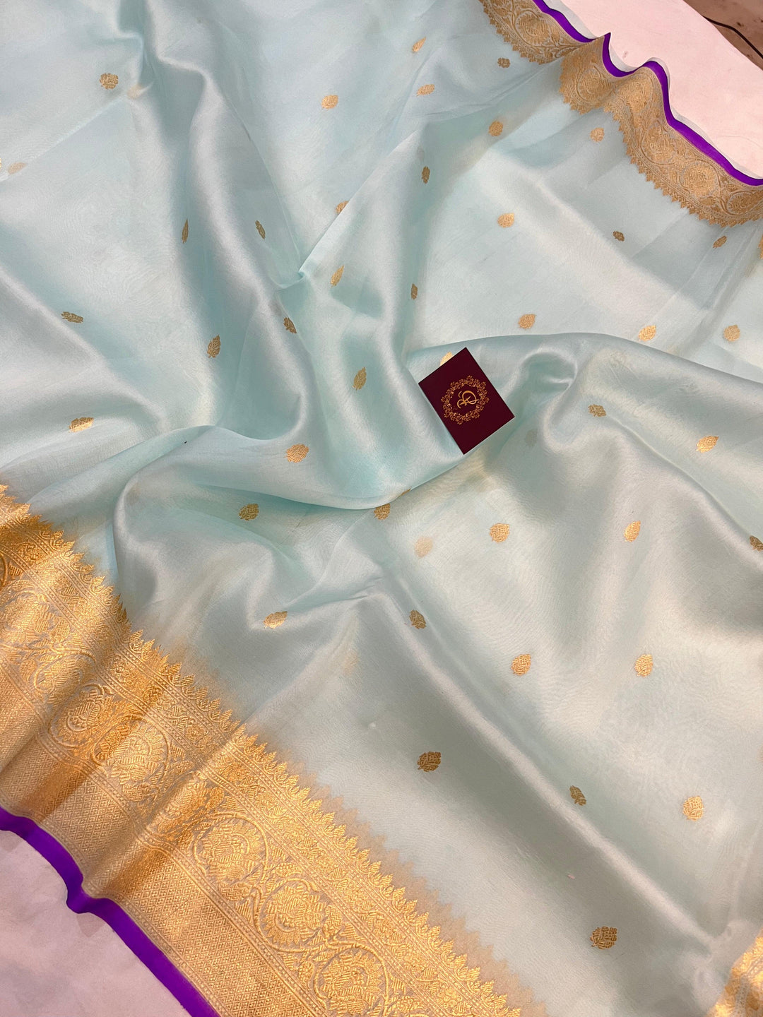 Pale Blue Banarasi Handloom Kora Silk Saree - Aura Benaras