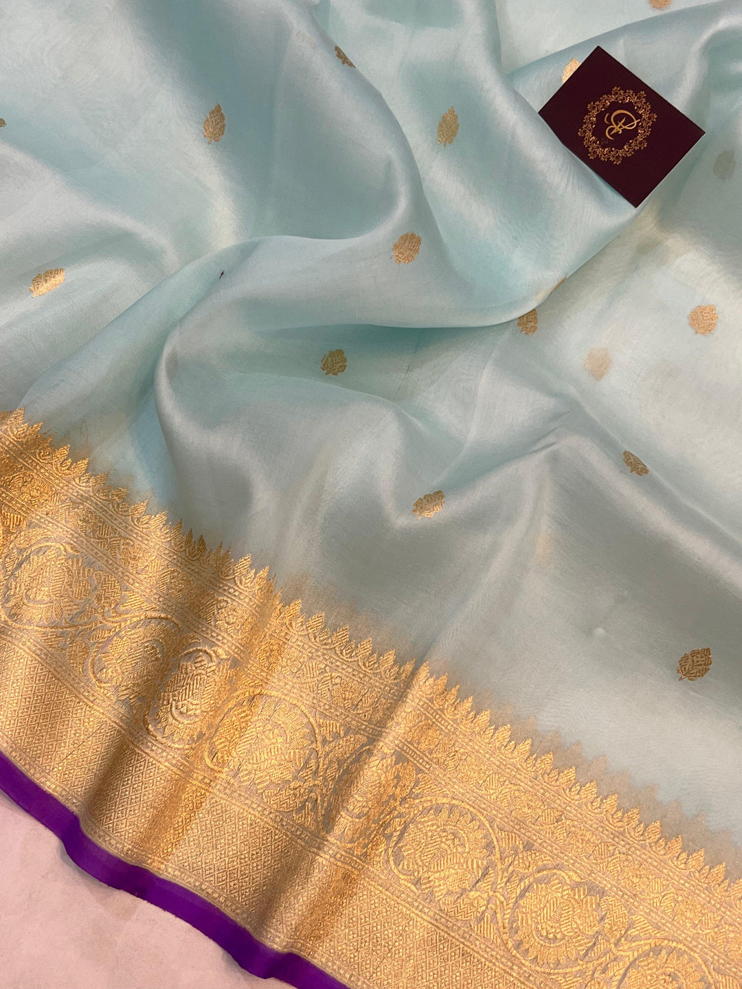 Pale Blue Banarasi Handloom Kora Silk Saree - Aura Benaras