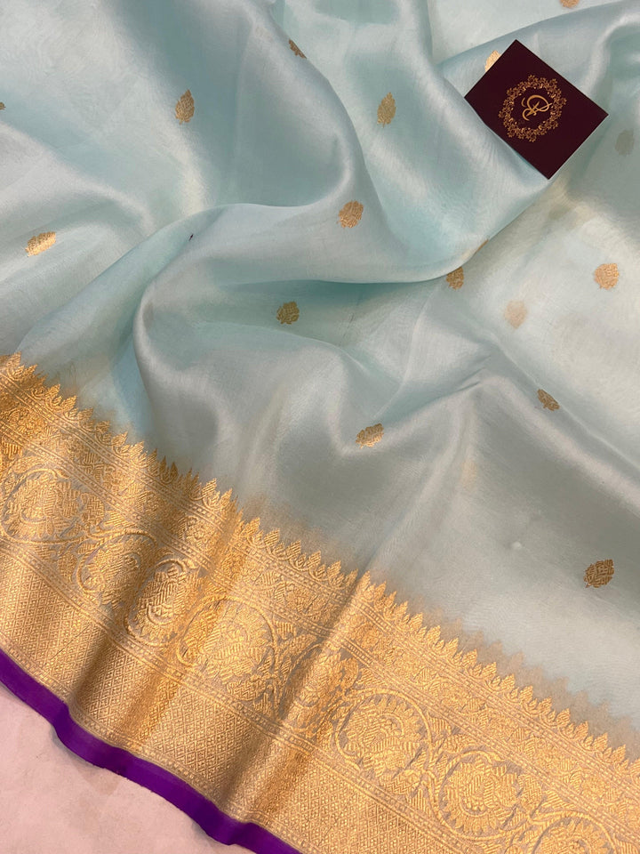 Pale Blue Banarasi Handloom Kora Silk Saree - Aura Benaras