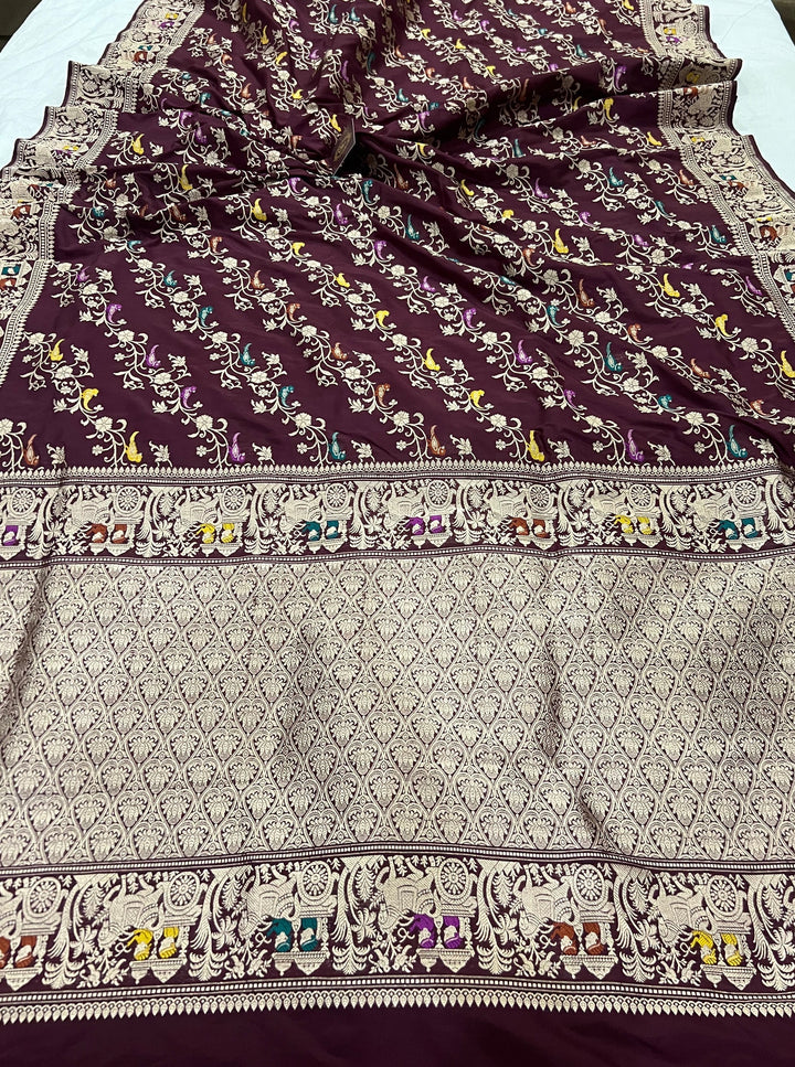 Deep Maroon Kadwa Jaal Pure Banarasi Handloom Katan Silk Saree - Aura Benaras