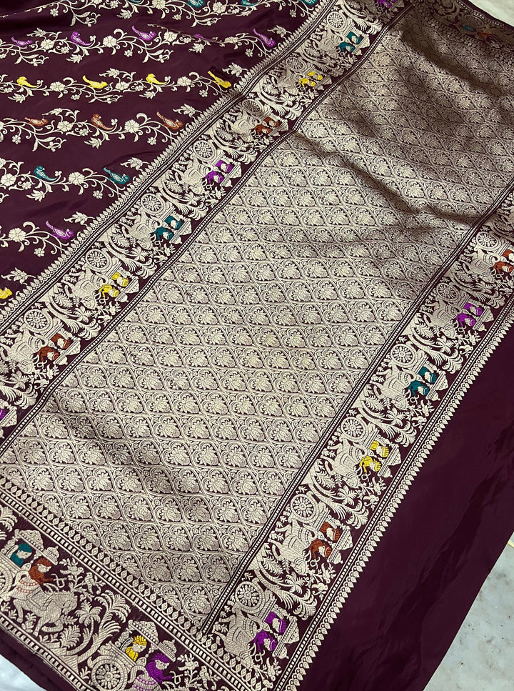 Deep Maroon Kadwa Jaal Pure Banarasi Handloom Katan Silk Saree - Aura Benaras