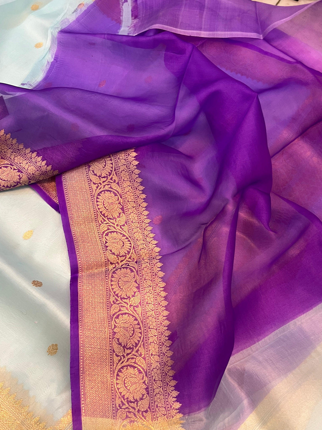 Pale Blue Banarasi Handloom Kora Silk Saree - Aura Benaras