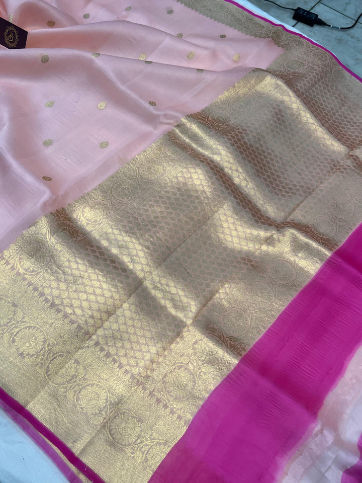 Baby Pink Banarasi Handloom Kora Silk Saree - Aura Benaras