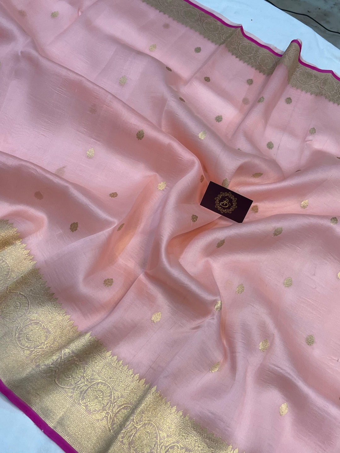 Baby Pink Banarasi Handloom Kora Silk Saree - Aura Benaras