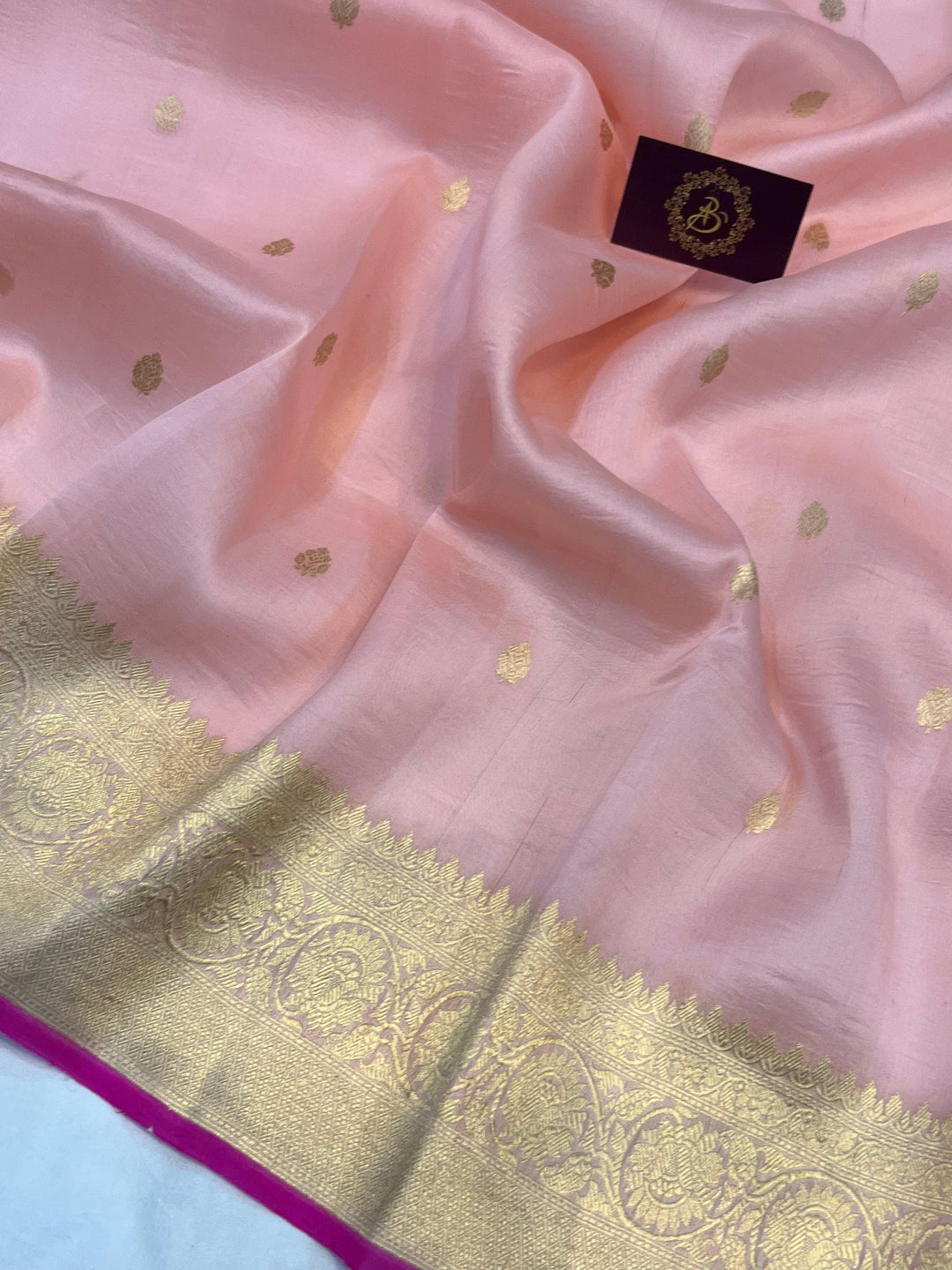Baby Pink Banarasi Handloom Kora Silk Saree - Aura Benaras