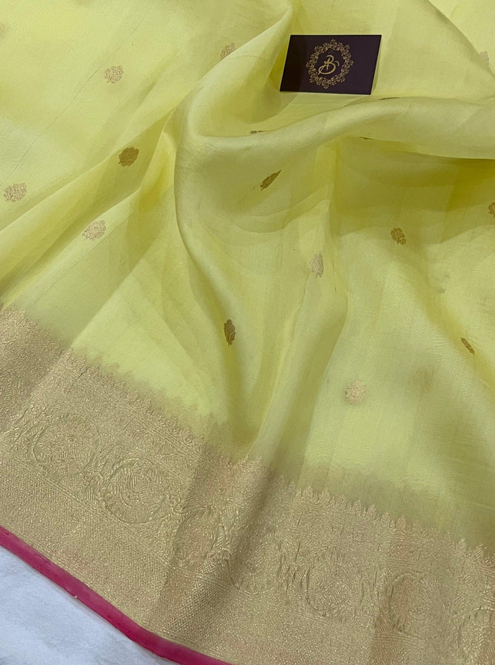 Pastel Yellow Banarasi Handloom Kora Silk Saree - Aura Benaras