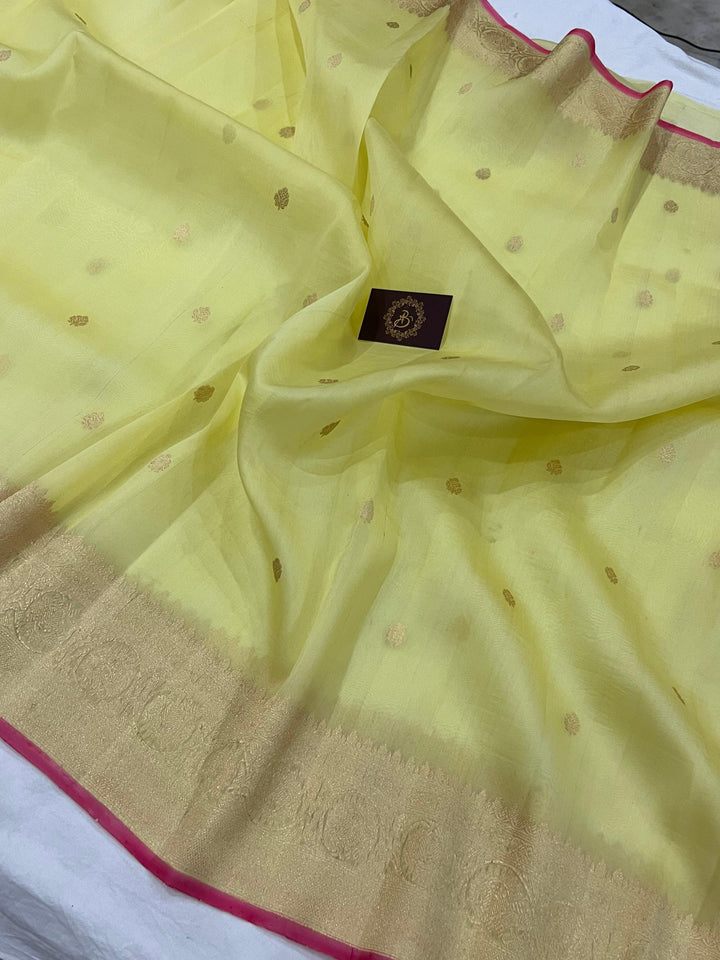 Pastel Yellow Banarasi Handloom Kora Silk Saree - Aura Benaras