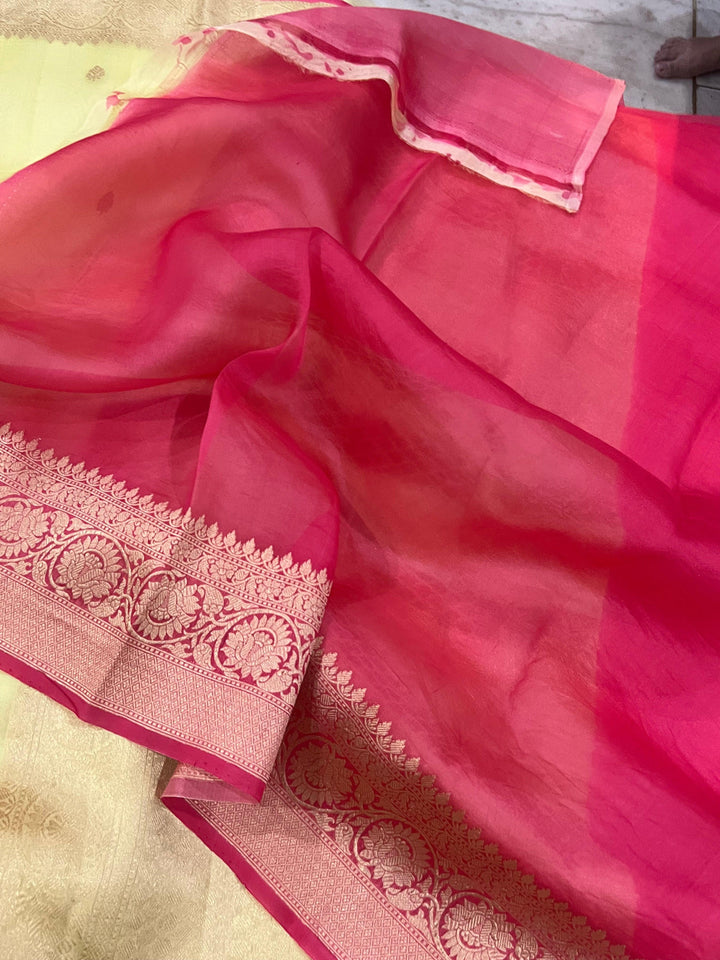 Pastel Yellow Banarasi Handloom Kora Silk Saree - Aura Benaras