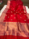 Red Banarasi Handloom Kora Silk Saree - Aura Benaras